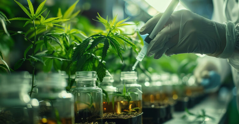 CBD and THC plants being grown in a greenhouse