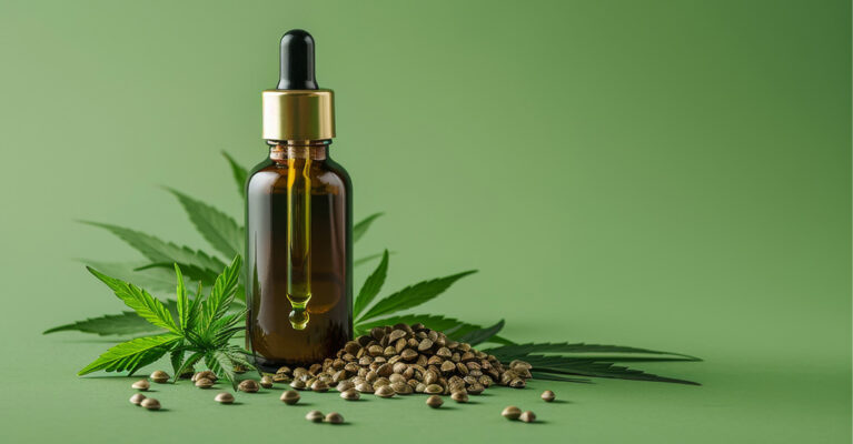 Cannabis leaf and oil bottle and crushed seeds