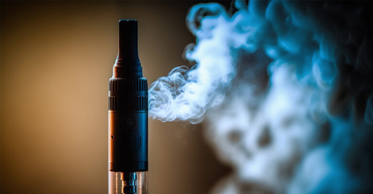 top of a vape pen with vapour in the background