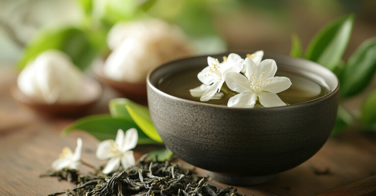 bowl with flower and some herbs for a balanced vibe