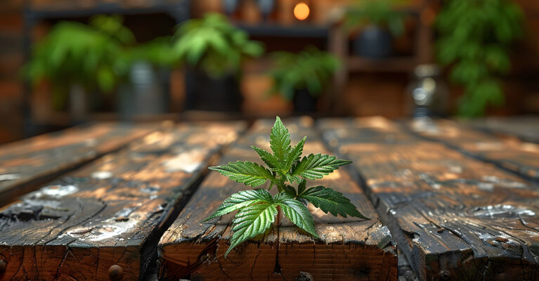 Single cannabis plant on wooden table