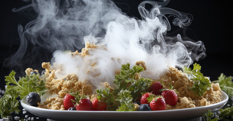 Smoky dessert with berries and herbs