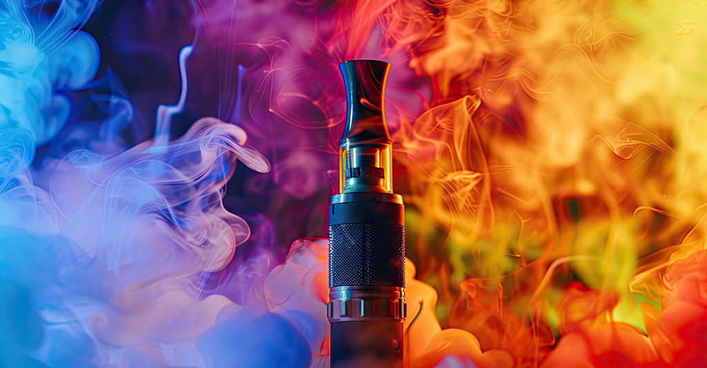 Vape device surrounded by colorful smoke