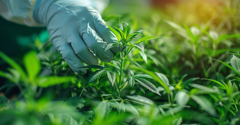 Person tending to cannabis plants.