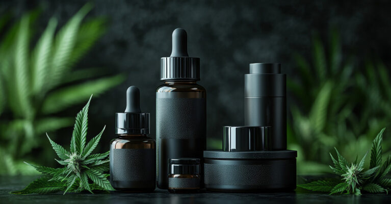 Black cannabis oil bottles and jars