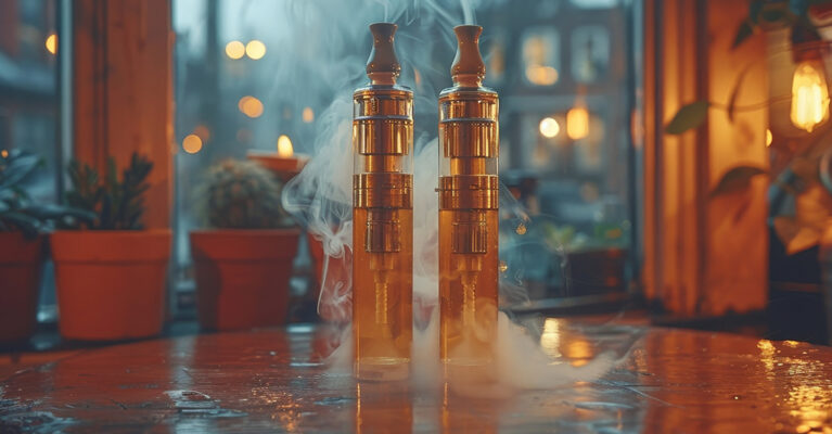 Two vape devices with smoke