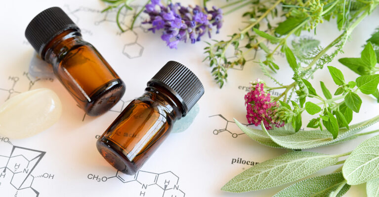 Essential oils with herbs and plants