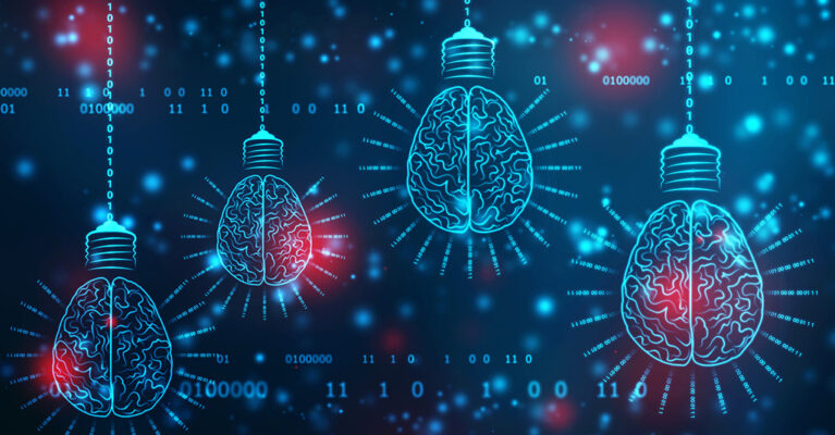 Light bulbs with brain designs illuminated