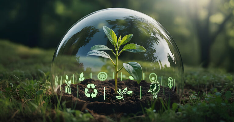 Plant under protective glass dome