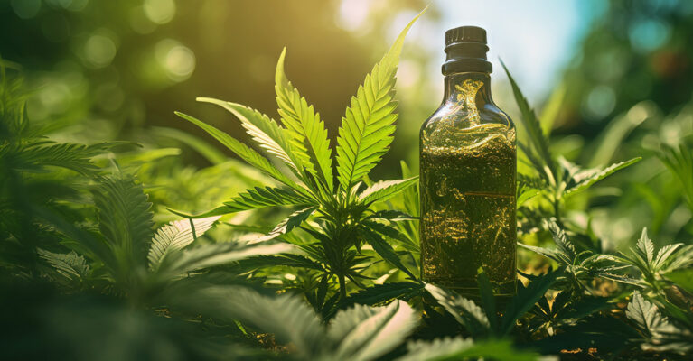 Bottle among green cannabis plants