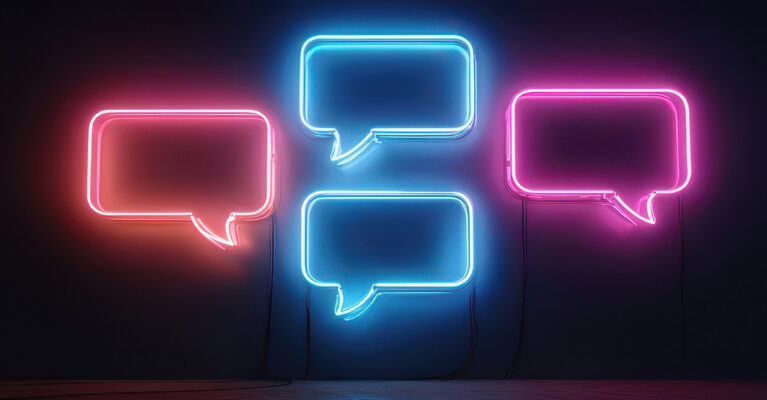 Colorful neon speech bubble signs