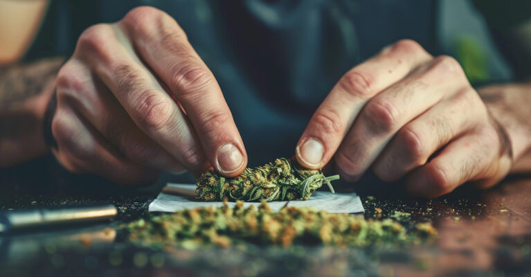 Hands rolling cannabis on paper
