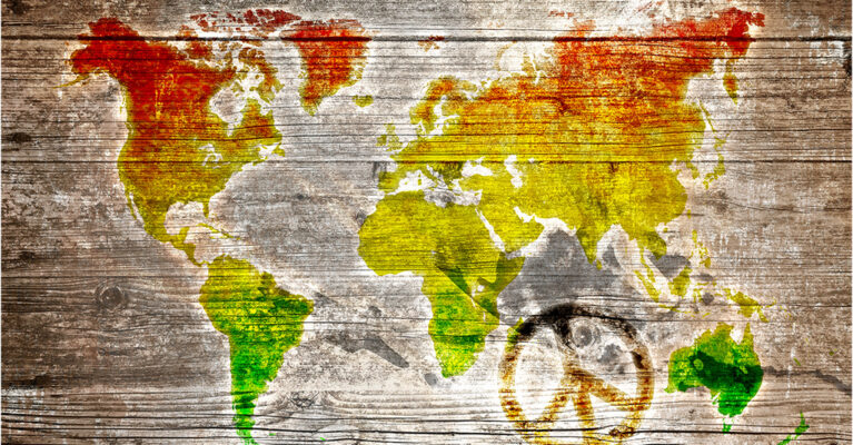 Graffiti of the world map on a brick wall